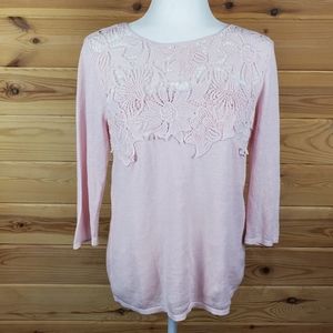 J.Jill Blush Pink Floral Crochet 3/4 Sleeve Linen Blend Top‎ Size Medium